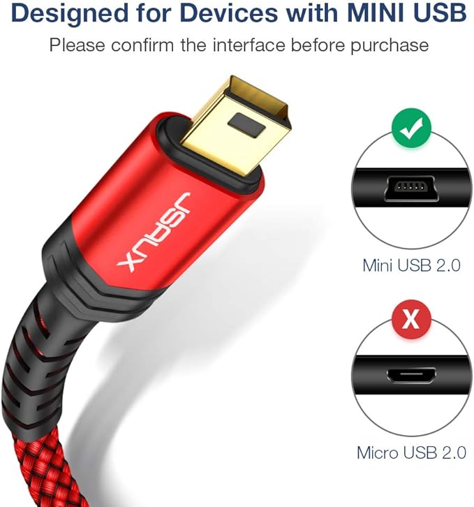 JSAUX Mini USB Cable 10FT, USB 2.0 Type A to Mini B Fast Charging Braided Cord Compatible with Blue Yeti Microphone Garmin Nuvi GPS 50 55 Ti-84 Plus CE Canon Rebel t7 Camera Gopro Red