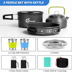 Odoland 15pcs Camping Cookware Mess Kit, Non-Stick Lightweight Pot Pan Kettle Set with Stainless Steel Cups Plates Forks Knives Spoons for Camping, Backpacking, Outdoor Cooking and Picnic