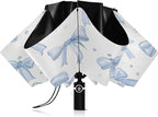 Automatic Folding Umbrella for Rain, Light Blue Bows Travel Umbrella UV Protection Large Windproof Inverted Umbrella with Cover Bag, 8 Ribs