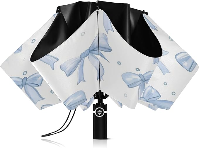 Automatic Folding Umbrella for Rain, Light Blue Bows Travel Umbrella UV Protection Large Windproof Inverted Umbrella with Cover Bag, 8 Ribs