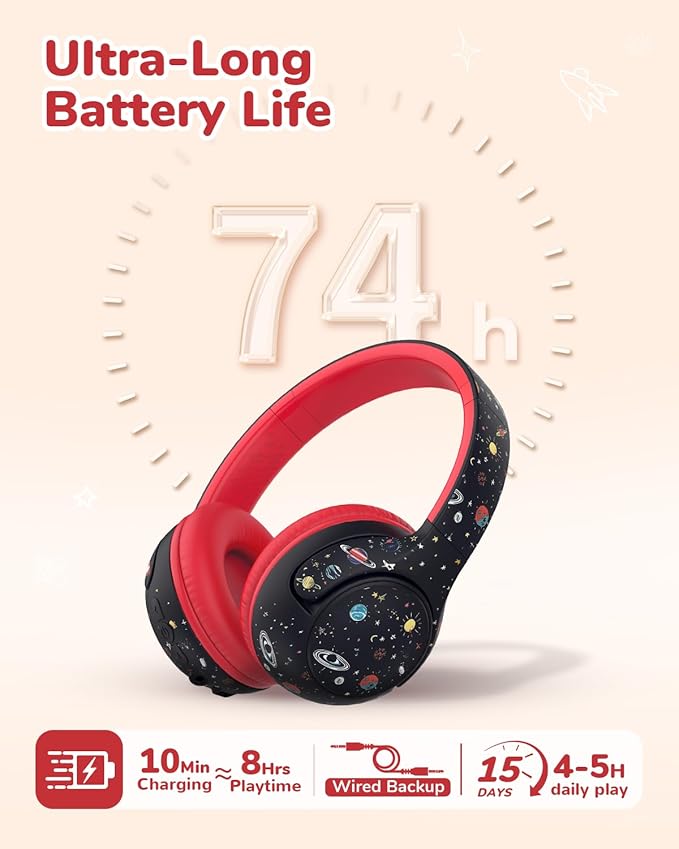 iClever BTH27 Toddler Headphones for 2+ Year Old-CPC Certified, 75/80dBA Safe Volume Limited, 74H Playtime, Bluetooth 5.4, BPA Free, Kids Bluetooth Headphones Aux Cord for Travel iPad, Black