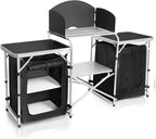 CampLand Folding Camping Kitchen Table with Windscreen,Portable Outdoor Cooking Station with Storage Cabinet & Side Tables Heavy Duty Camp Cook Station for Camping & BBQ (Black2cabinet)