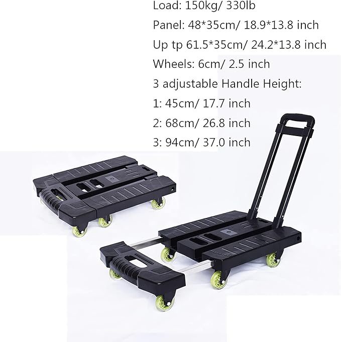 Heavy Duty Flatbed Hand Truck - 6 Wheels Folding Trolley Cart with Extendable Handle 330lbs Capacity for Home Office Travel & Luggage Moving - Black
