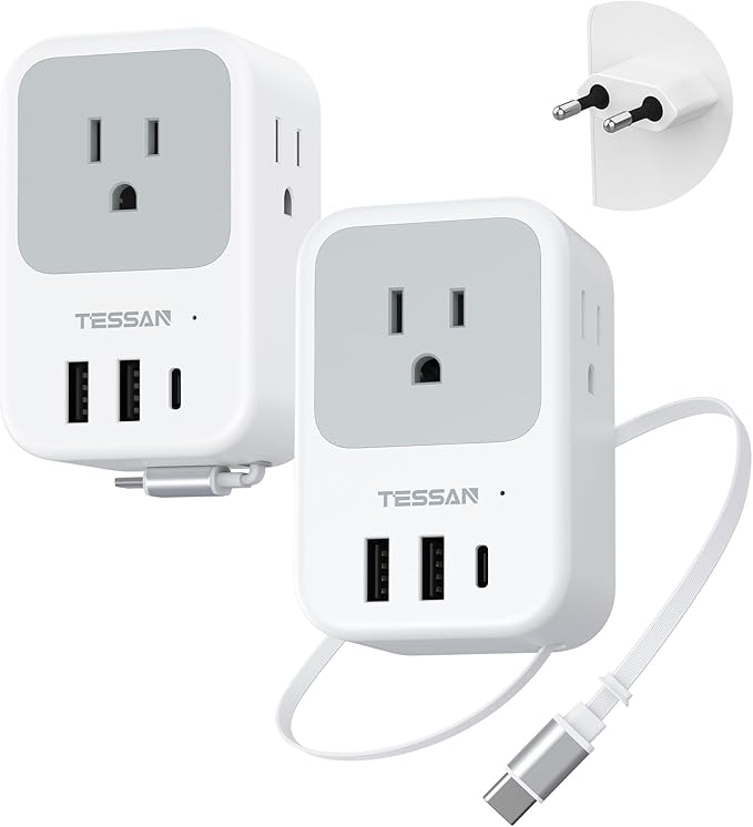 TESSAN European Travel Plug Adapter 2 Pack, Built-in 20W Retractable USB-C Cable, Type C Power Adapter with 3 AC Outlets 4 USB Ports for US to Europe EU Italy Spain France Greece Iceland Germany
