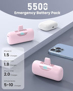 Mini Portable Charger for iPhone,Upgraded 22.5W PD Fast Charging 5500mAh Ultra-Compact Power Bank,LCD Display Plug-in Cute Battery Pack Travel Essentials for iPhone 14/14Pro/13/12/11/X/8/7/6plus-Pink