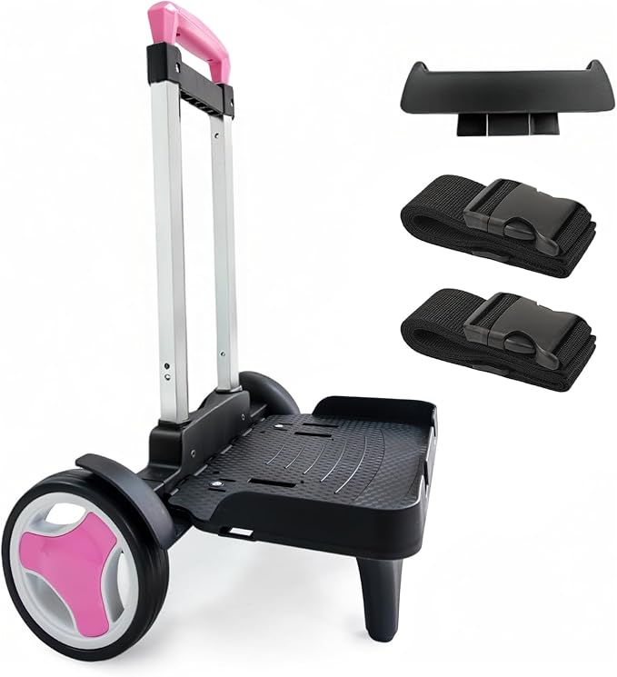 Backpack Trolley Cart with Stair-Climbing Wheels – Foldable Aluminum Frame, Adjustable Handle and 77 lbs Capacity – Quiet Large Wheels with Edge Guard – Pink – Fits Travel Bags, Book Bags, Shopping