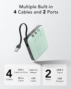 VRURC Portable Power Bank Built-in Cables, 20000mAh 22.5W Fast Charging USB C Battery Pack, Phone Charger Battery, for iPhone 16 15 14 13 12 11 Samsung Galaxy S23 S22, Green(1 Pack)
