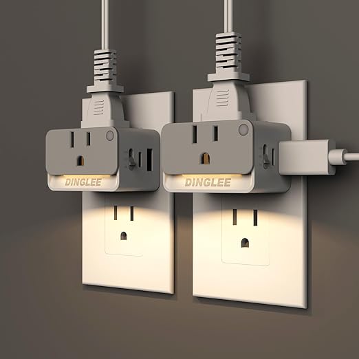 Mulit Plug Wall Outlet with USB C, 2 Pack Outlet Extender 2AC 1USBA 1USBC, 3 Way Plug Wall Splitter with Night Light, Multiple Plug Adapter for Travel Home Office PD 20W