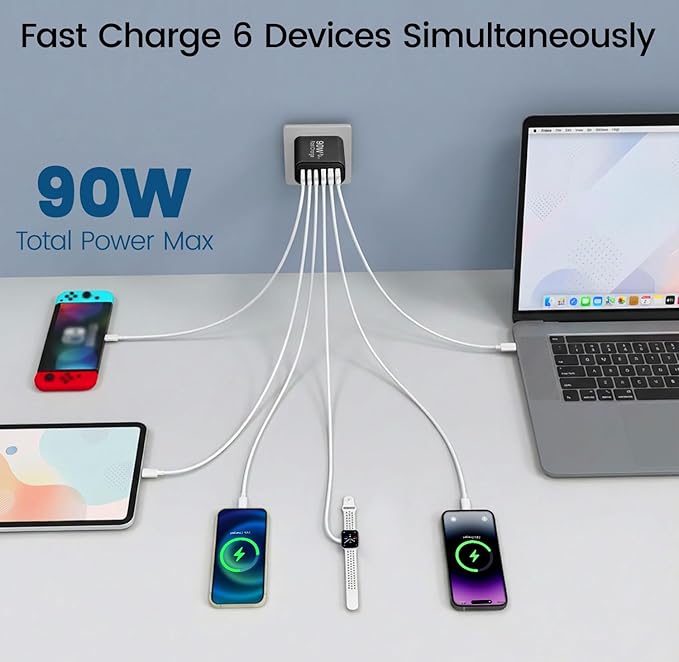 90W GaN USB C Charger Block [3 Pack],6-Port USB C Wall Charger Fast Charging 45W PD Power Adapter for MacBook Air/iPad Pro/iPhone 17Pro Max/Samsung Galaxy S24 Ultra/Tabs for Home Travel