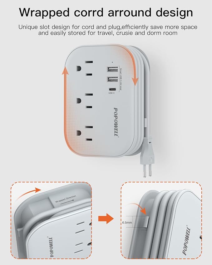European Travel Plug Adapter USB C, Popowell International European Plug Adapter, 4 FT Travel Power Strip with 3 Outlets & 3 USB, Type C Power Adapter Travel Essential for Italy Spain France Germany.