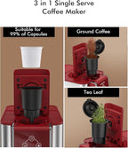 3-in-1 Single Serve Coffee Maker, Quick Brew for Coffee Pods, Ground Coffee, & Loose Tea, 6-12oz Cup Sizes, 50oz Removable Water Tank, 1150W, Compact & Efficient, Red