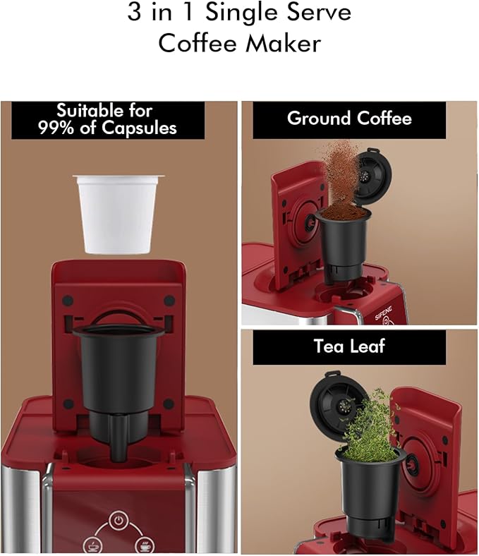 3-in-1 Single Serve Coffee Maker, Quick Brew for Coffee Pods, Ground Coffee, & Loose Tea, 6-12oz Cup Sizes, 50oz Removable Water Tank, 1150W, Compact & Efficient, Red