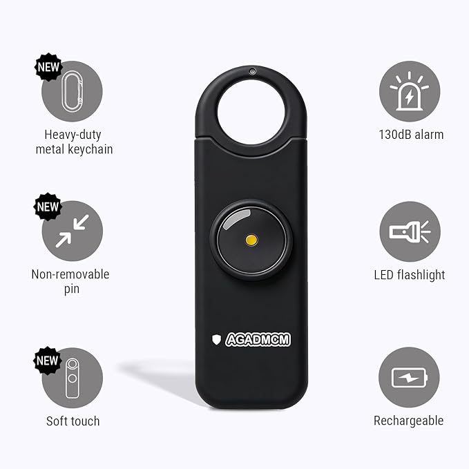 Rechargeable Personal Safety Alarm, 130dB Emergency Siren with LED Flashlight, Portable Keychain for Women, Kids, Elderly, Night Running & Travel (Charcoal Black)