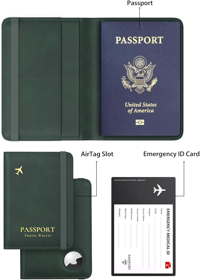 Stouchi Airtag Passport Holder – Track Your Passport, RFID Blocking Travel Wallet for Men, Slim All-in-One Organizer for Secure International Travel (Green)