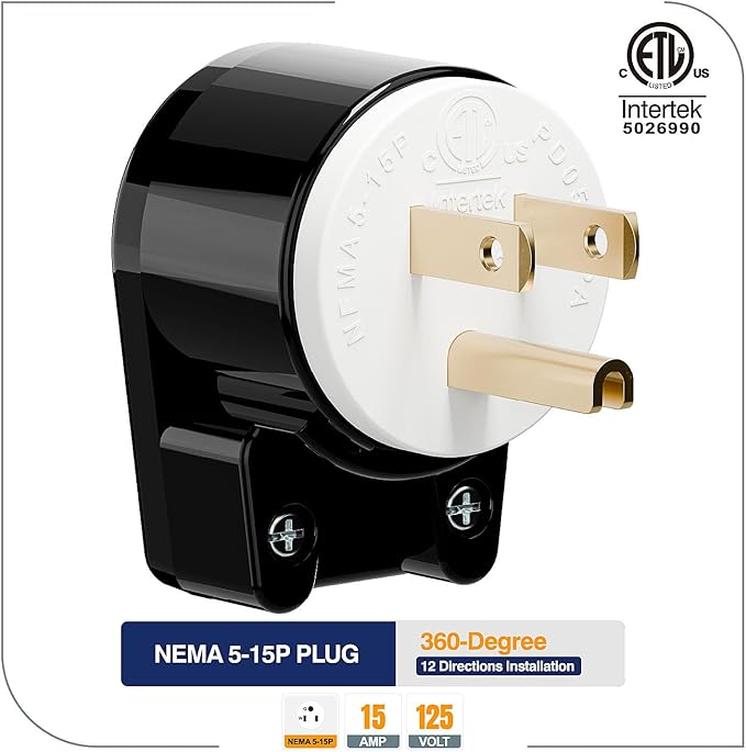 (3PACK) ETL Listed 90 Degree USA Canada Male Plug Nema 5-15P 3 Pole Angle DIY, 15A 125V USA 3Pin Right Angle AC Plug, Nema 5-15P Angled Rewireable