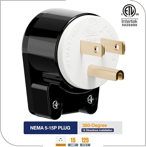 (3PACK) ETL Listed 90 Degree USA Canada Male Plug Nema 5-15P 3 Pole Angle DIY, 15A 125V USA 3Pin Right Angle AC Plug, Nema 5-15P Angled Rewireable