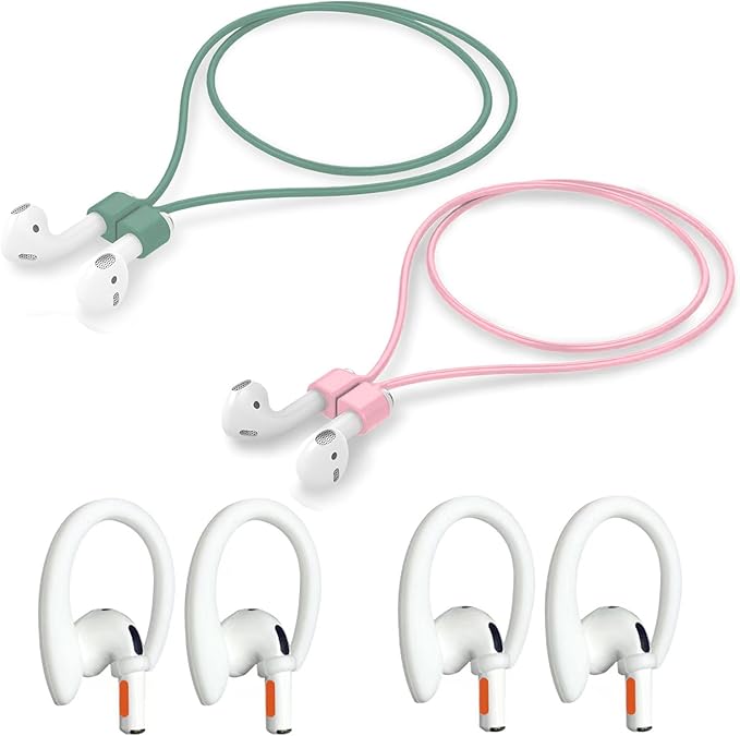 Magnetic Anti-Lost Straps Compatible with AirPods 1st to 4th Generation and AirPods Pro 1st to 4th Generation, with 2 Additional Pairs of Ear Hooks (Green Pink)