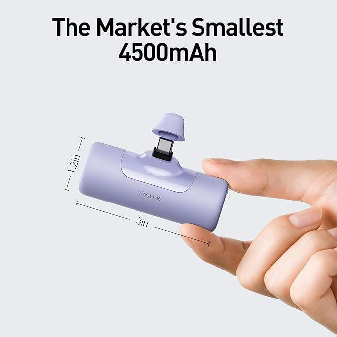iWALK 4,500mAh Portable Charger for iPhone 15/16/17, Power Bank with Build-in USB C Connector, Battery Pack Phone Charger for iPhone Series, Samsung S22/23/24 Series and Android, Purple