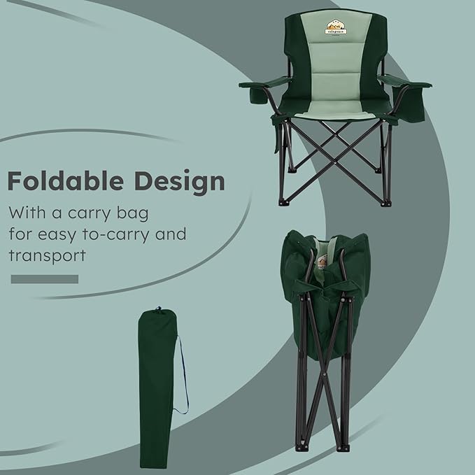Colegence Heavy Duty Camping Chair for Adults, Oversized Heavy People Foldable Outside Camp Chairs Carry Bag Included, with Cooler Bag Cup Holder, Side Pocket for Lawn,Sport,Outdoor,Dark Green