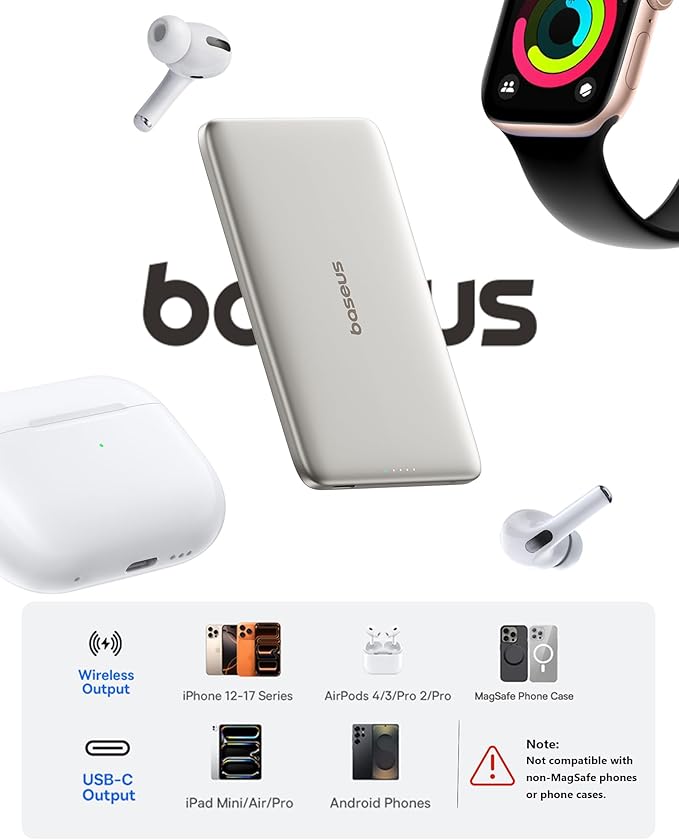 Baseus Picogo Power Bank, 0.3" Ultra Slim 5000mAh MagSafe Portable Charger, Card-Size Magnetic Battery Pack with USB-C Braided Cable, Alloy Wireless Charger for iPhone 17 Pro Max/17 Air/16/15/14/13/12