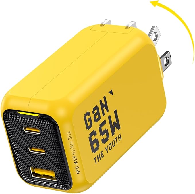 AOHI Youth 65W GaN+ USB C Charger Block, 3-Port PPS Type C Compact Foldable Laptop Fast Wall Charger for MacBook Pro/Air, iPad Pro, iPhone 17/16 Pro Max, Galaxy S24, Pixel, Steam Deck and More, Yellow