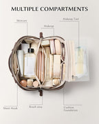 EACHY Travel Makeup Bag, Large Capacity Cosmetic Bag for Women, Waterproof PU Leather, Flat Open Portable Toiletry Bag for Skincare, Brushes & Travel Essentials