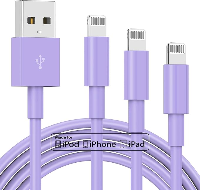 3 Pack Apple MFi Certified Charger Cable 6Ft, Lightning to USB Cable Cord 6 Foot, 2.4A Fast Charging,Apple Phone 6 Feet Long Chargers for iPhone 14/13/12/11/X/XS/XR/SE/8/7/6/5 Plus Pro Max Mini Purple