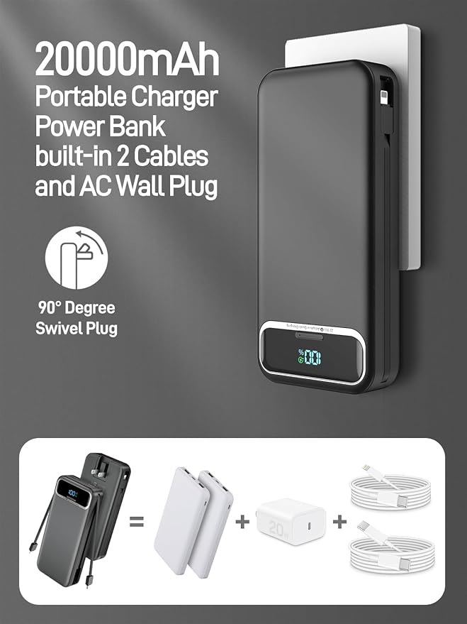 Portable Charger, 20000mAh 22.5W Fast Charging Power Bank with Built-in Cables & Wall Plug, Travel Essential External Battery Pack with LED Display, USB C Battery Phone Charger for iPhone iPad Black