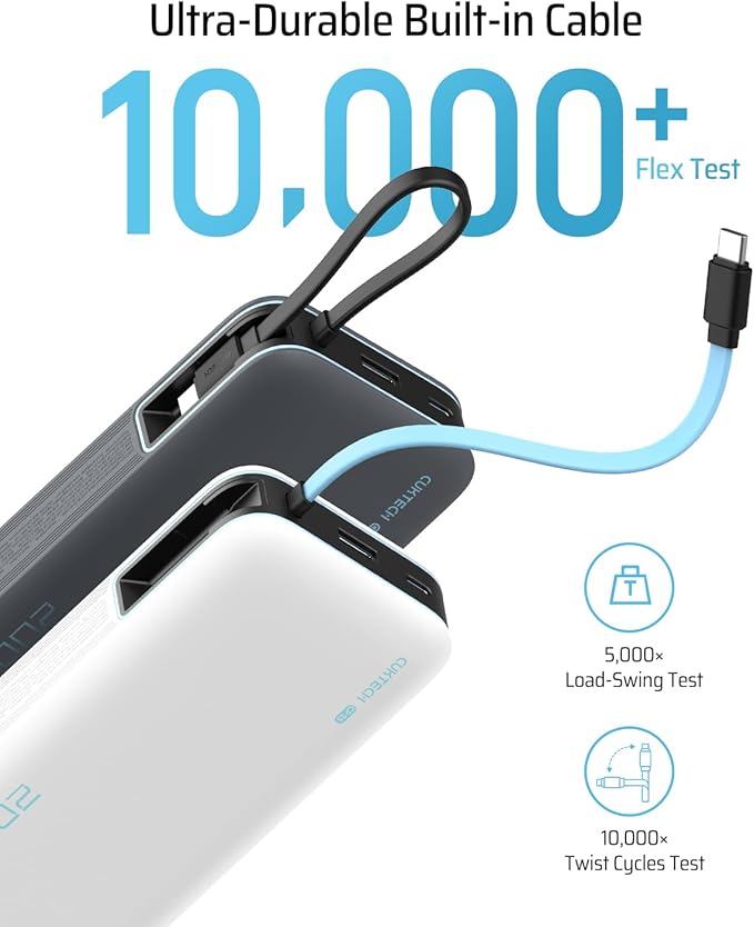 CUKTECH 45W Power Bank 20000mAh, Portable Travel Charger Built-in USB C Cable, Fast Charging Battery Pack for iPhone 16/15/14/13, iPad, Samsung Galaxy, Google Pixel, Android and More (White)