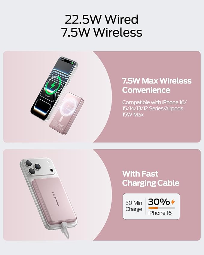 MOVE SPEED 0.5'' 10,000mAh Magnetic Power Bank, Alloy-Design MagSafe Portable Charger,Fast Charging Magsafe Battery Pack for iPhone 16/15/14/13/12,Travel Essential,Blush Pink