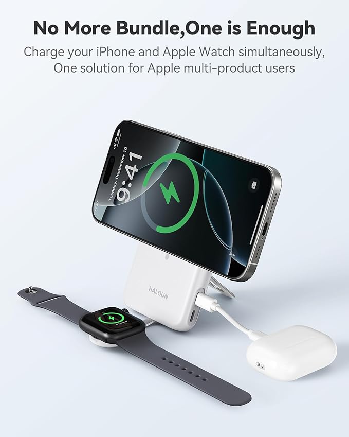 Magnetic Portable Charger for iPhone and Apple Watch, 10000mAh Wireless Power Bank PD 20W USB-C Fast Charging Battery Pack with Stand for iPhone Air 17/16/15/14/13/12 Pro Max、iWatch 11-1/SE/Ultra 3-1