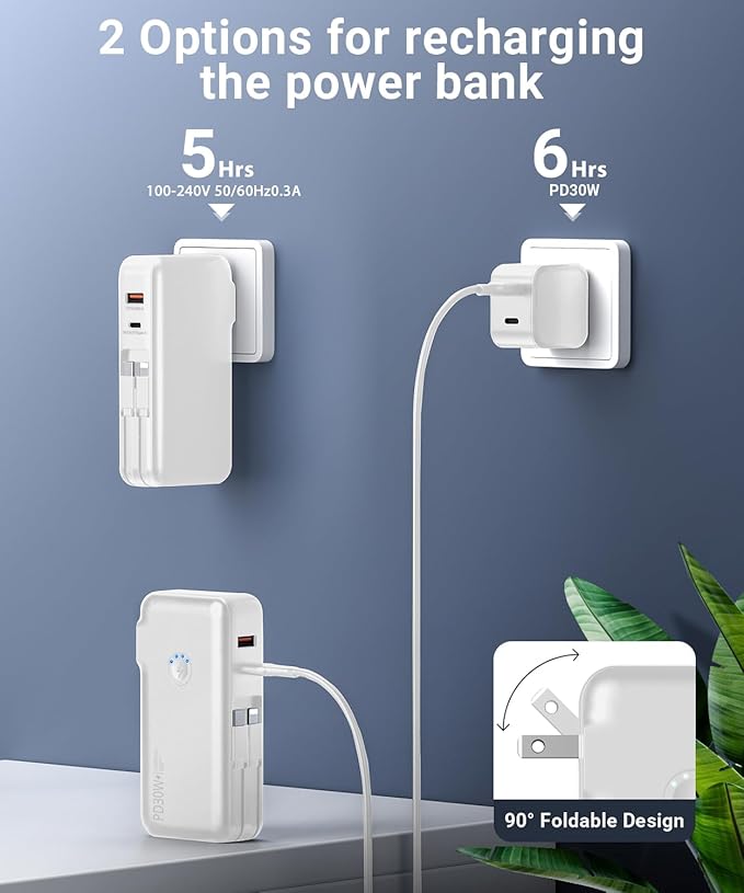 Portable Charger, Power Bank, 16000mAh Power Bank Built-in AC Wall Plug and Cables, PD 30W and QC4.0 Fast Charger for iPhone and Android Phones and Most Electronic Devices (White)