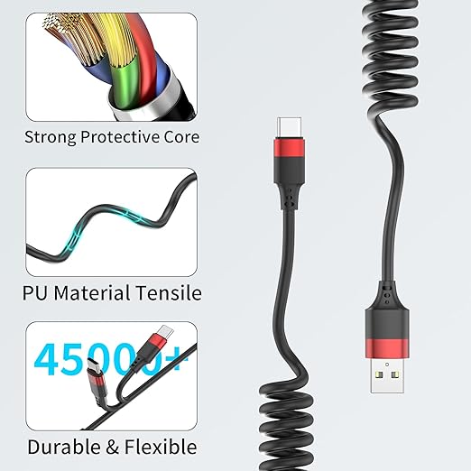 Coiled USB C Cable for Car, 2 Pack Type C Coiled Cable Fast Charging, USB to USBC Coiled Cable, USB C Car Charger Cord for iPhone 17 16 15, Samsung Galaxy S25 S24 S23 Ultra, Pixel 10 9