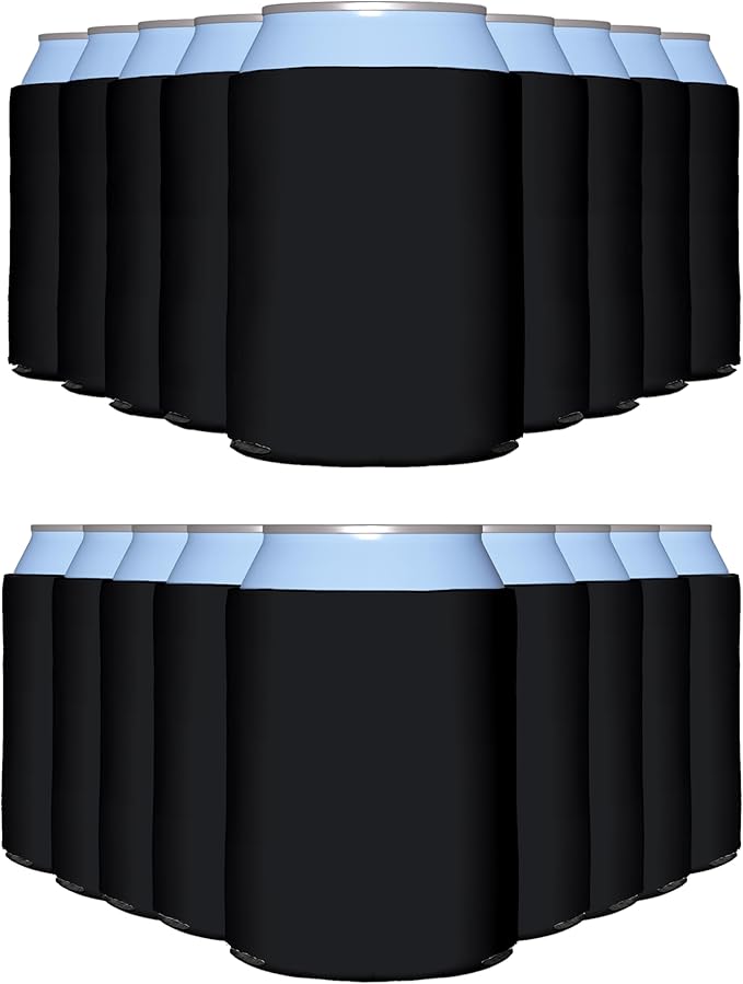 PartyPrints 200 Pack Black Blank Can Cooler Sleeves, Customizable Bulk Insulated Foam for Beer, Collapsible Plain Drink Holder, Cold Soda Insulator, 12oz Regular, 16oz Tall Cans