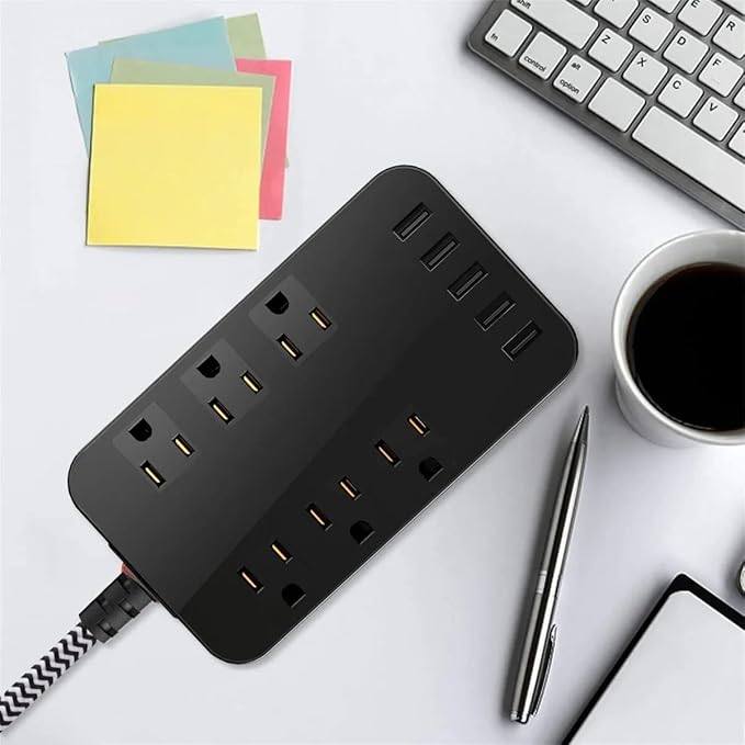 Wall Mount Power Outlet 6 AC Multi-Outlet Extender 5 USB Charging Ports Black Flat Plug 6ft Extension Cord 10A 2500W Compact Plug and Socket Home Office
