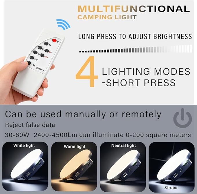 Camping Lights Tent Light 4500 Lumens 45W Rechargeable LED Lantern Magnetic Hanging, Portable USB Outdoor Canopy, Emergency Lights for Home, Lanterns for Power Outages, Ice Shanty Lights（Remote）