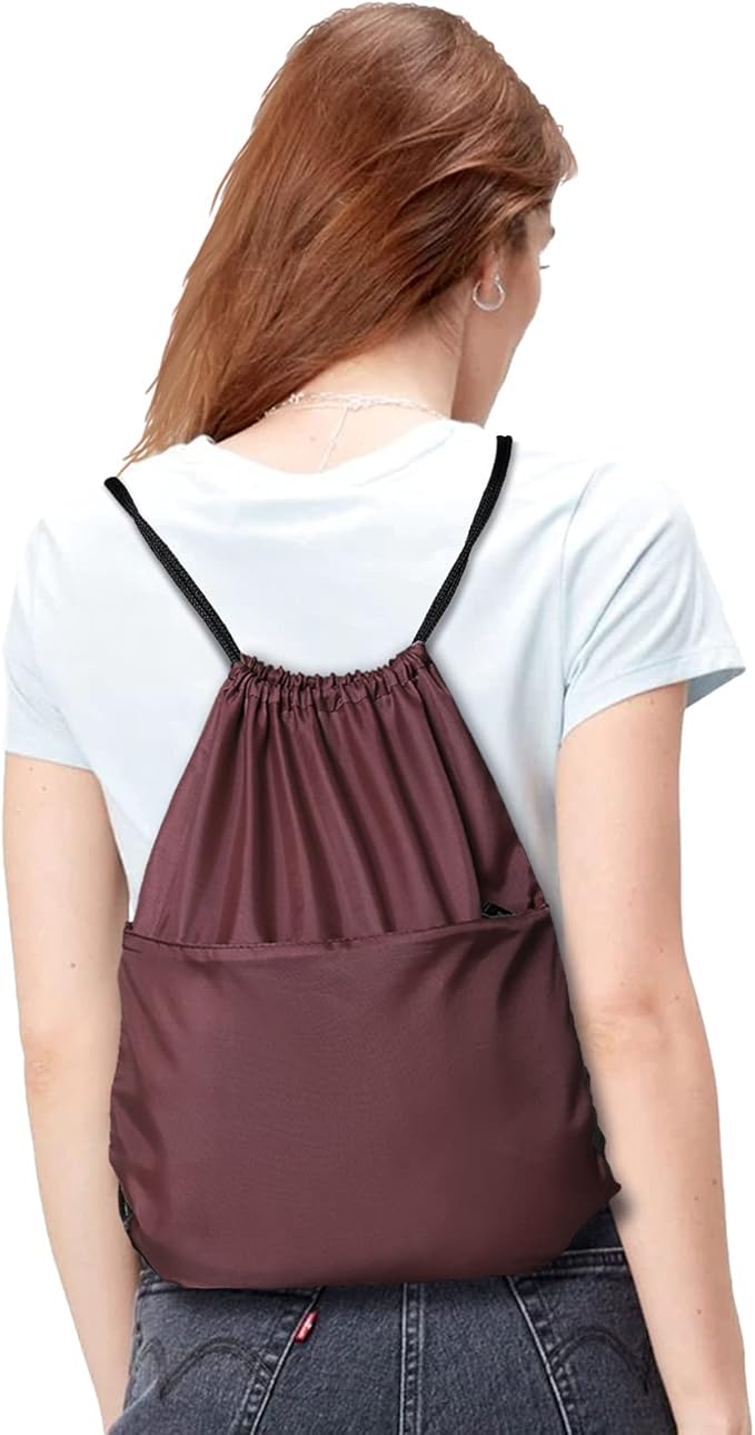 Drawstring Backpack Sports Water Resistant String Bag Sport Gym Sackpack for Women Men Large with Zipper, Burgundy