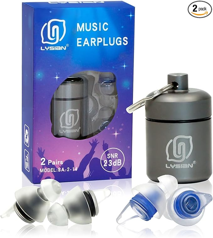 LYSIAN High Fidelity Concert Ear Plugs, 23dB Noise Reduction Musician Earplugs for Concerts, Festivals & Raves, Reusable Soft Earplugs with Aluminum Case, 2 Pairs Blue