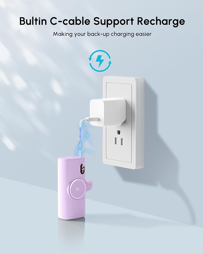 Mini Purple Power Bank Compatible for Lightning Port,100g 5000mah Small Portable Charger for iPhone 14 Plus/14/14 Pro Max,Battery Pack with Digital Display Compatible With iPhone 13/12/14 series