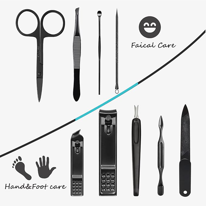 HANTEKAS Manicure Set 9 in 1 Stainless Steel, Nail Clippers Scissors Pedicure Tools Kit - Portable Travel Grooming Kit for Men and Women with Leather Case (Blue-BIG Nail Clipper)