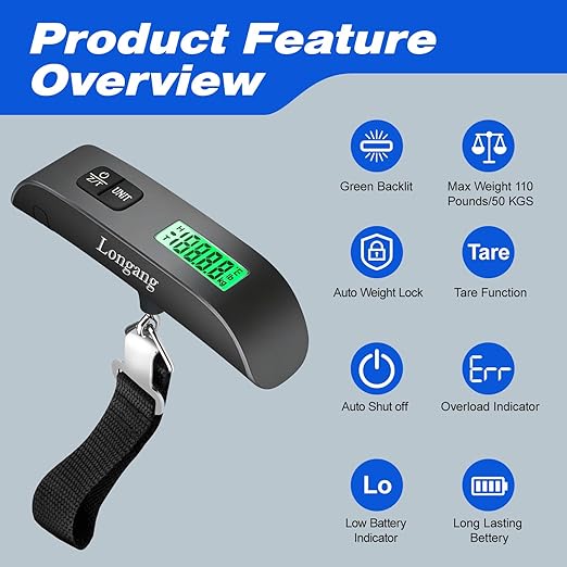 Digital Hanging Luggage Scale with Backlit for Travel, Portable Handheld Suitcase Weight Scale with Hook, 110 Pounds, Battery Included