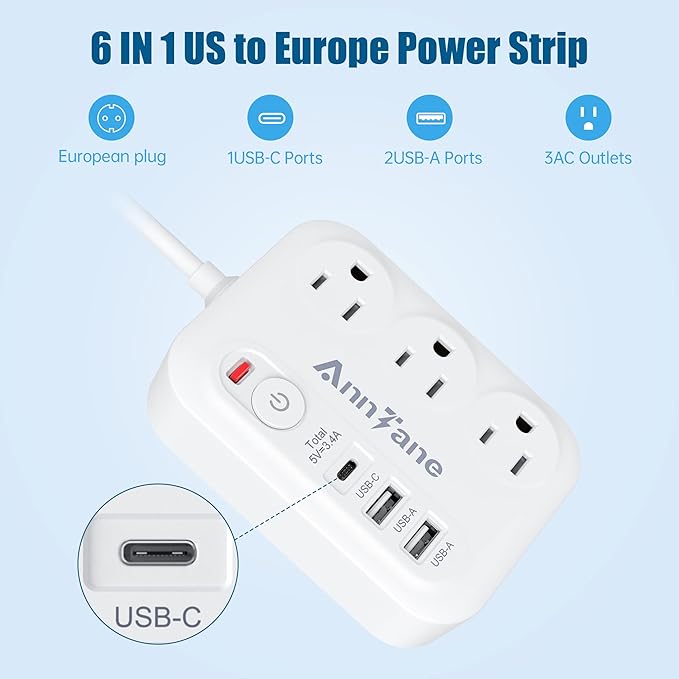 European Travel Plug Adapter with 4FT Extension Cord, (Not for UK) US to European International Plug Adapter Travel Essentials France Germany Greece