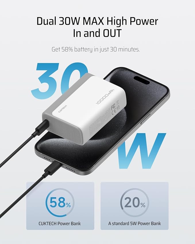 CUKTECH 30W Mini Power Bank, 10000mAh(2S1P) Portable Charger PD3.0 Fast Charging, Dual-Charging Ports Battery Pack, for iPhone 16/15/14/13 Series, Samsung S24/S23/S22, iPad, AirPods, and More (Grey)