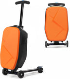 Scooter Luggage For Kids & Adults， Hardside Ride On Suitcase For Kids Ages 4-15 Multifunctional Lightweight Foldable Carry On Luggage With Wheels Ride On For Children Teenagers（Orange）