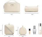 BOYATU Travel Makeup Bag Cosmetic Bags for Women: Large Capacity 3 Pcs Set Make up Bag with Compartments - Waterproof Vegan Leather Toiletry Organizer Bags with Handle (L27Off-white)