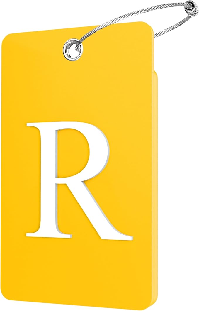 Gostwo 2 Pack Luggage Tags for Suitcases, 26 Initial Letter Travel Luggage Baggage Identification Labels ID Tag Fully Bendable Tags with Stainless Steel Loop (Yellow) (Letter R)