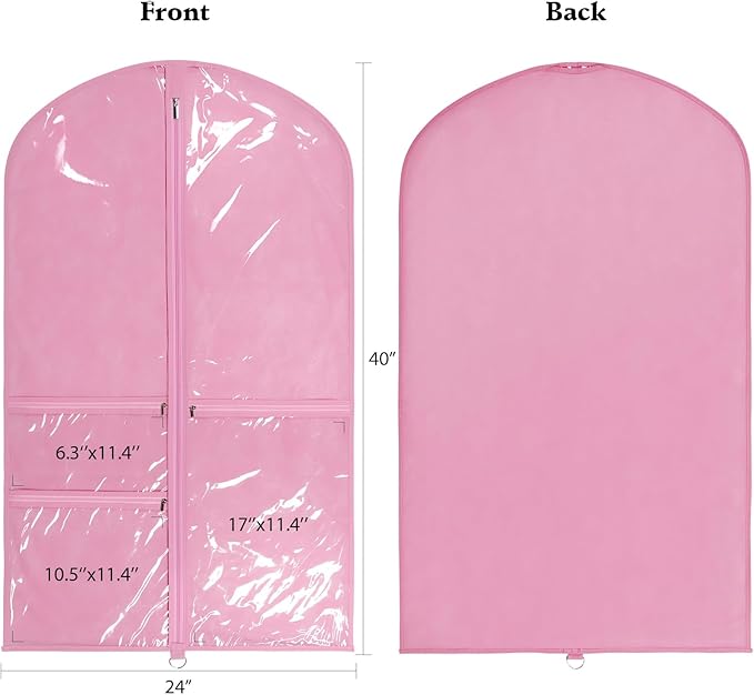 Univivi Garment Bags for Dance Costumes for Hanging Clothes, 40 Inch Breathable Dance Competition Garment Bag With 3 Medium Clear Zipper Pockets for Kids (Pink) - 8 Pack