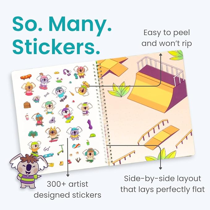 Koality Time 300+ Kids Sticker Book by Cupkin Toddler Airplane Travel Coloring and Sticker Book, Road Trip Essentials, 8 Coloring Pages 8 Side by Side Scenes for Ages 2–8 Years