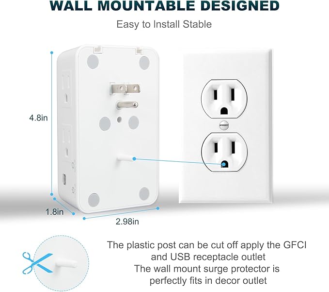 Outlet Extender with Night Light, Surge Protector Wall Mount with 6 AC Outlets and 3 USB Ports (1 USB C), Multi Plug Outlet Splitter, Dorm Room Essentials for Home, Office, Travel, FCC Listed