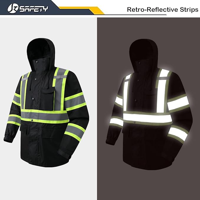 JKSafety Hi-Vis Reflective Safety Rain Jacket for Men Women Waterproof Rain Gears for Farming Fishing Work HV Rain Jacket with Inner Mesh Lining and Pockets (117A-Black M)